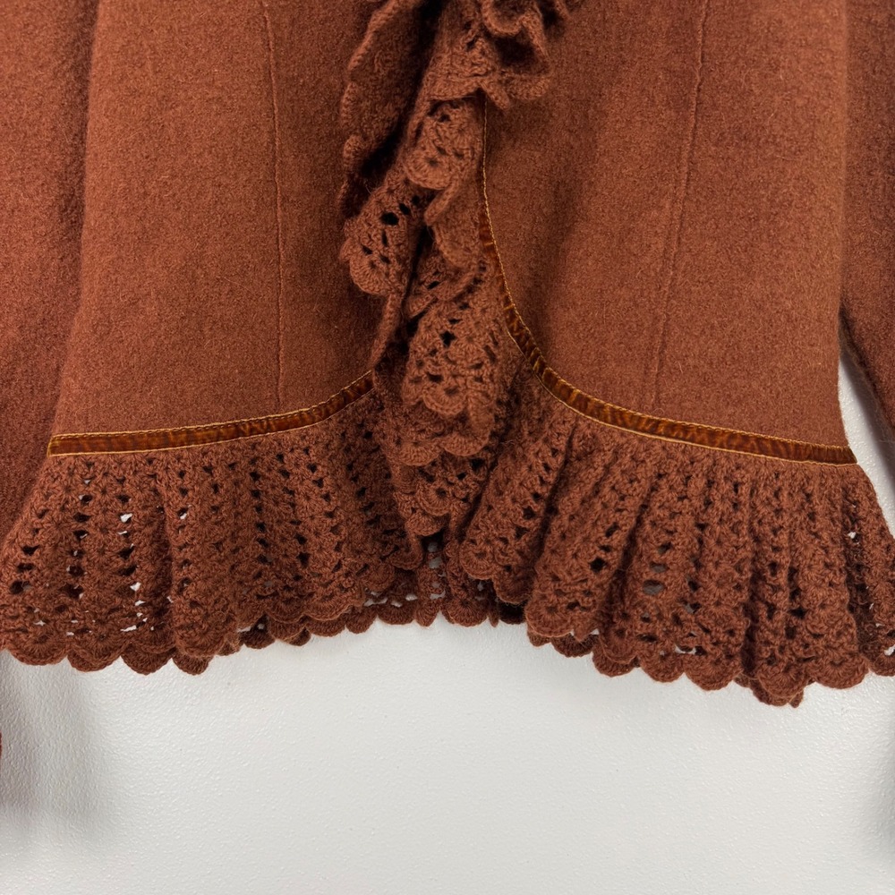 Vtg Lisa International Boiled Wool Blazer Jacket‎ M Crochet Ruffle V-Neck Brown - Picture 7 of 16